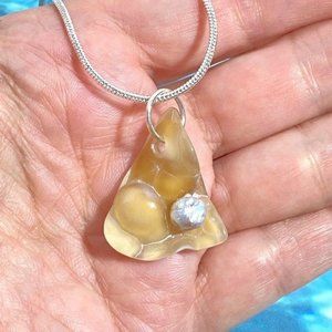 Tampa Bay Fossil Coral Agate Triangle & Freeform Pearl Pendant Silver Necklace